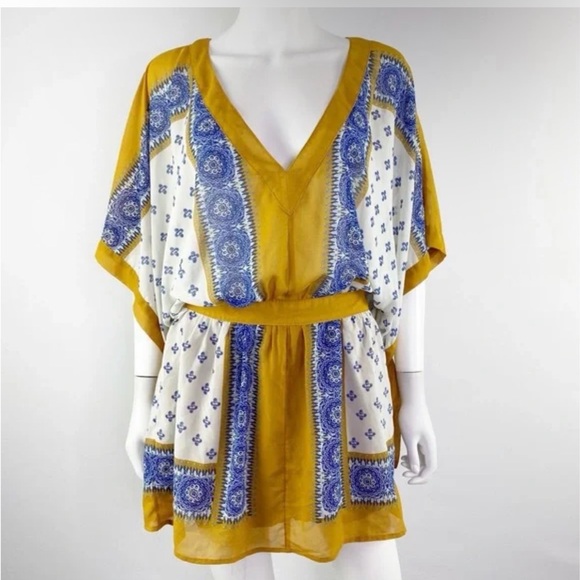 Free People Santa Cruz Kimono Dress Boho Print Tunic Mini Flowy Yellow Blue M - Picture 4 of 13